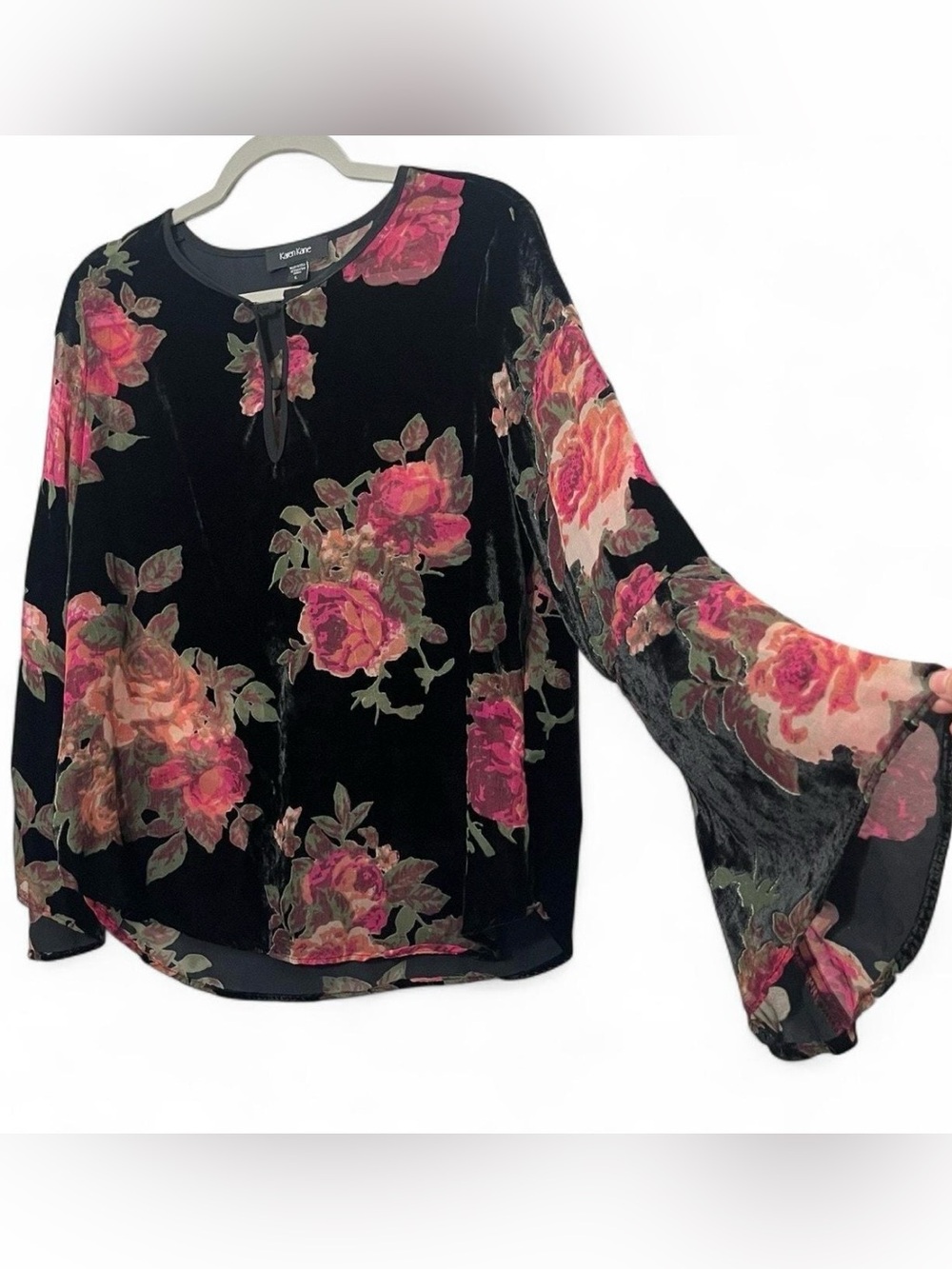 Floral Burnout Velvet Flared Sleeve Top L Whimsigoth Witchy Boho Dark Fairy